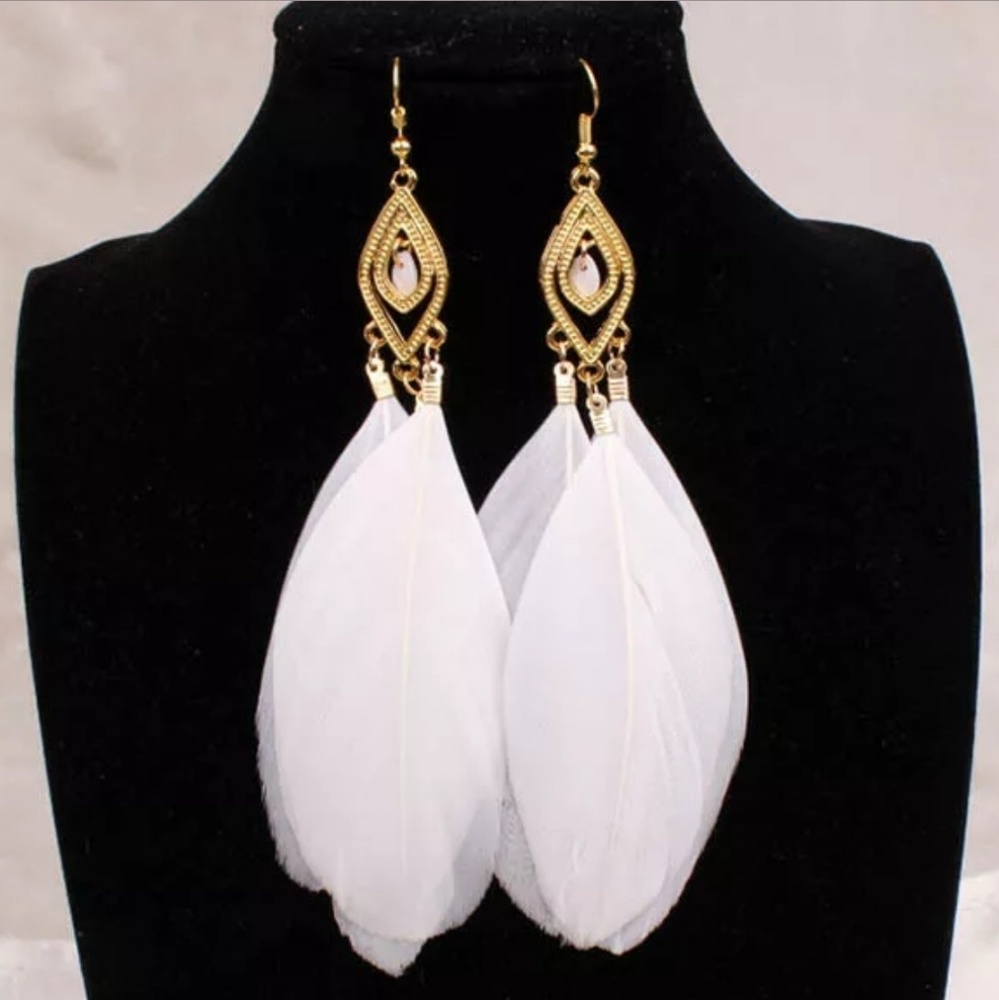 2/$15 White Dangle Feather Earrings Boho Chic Drop